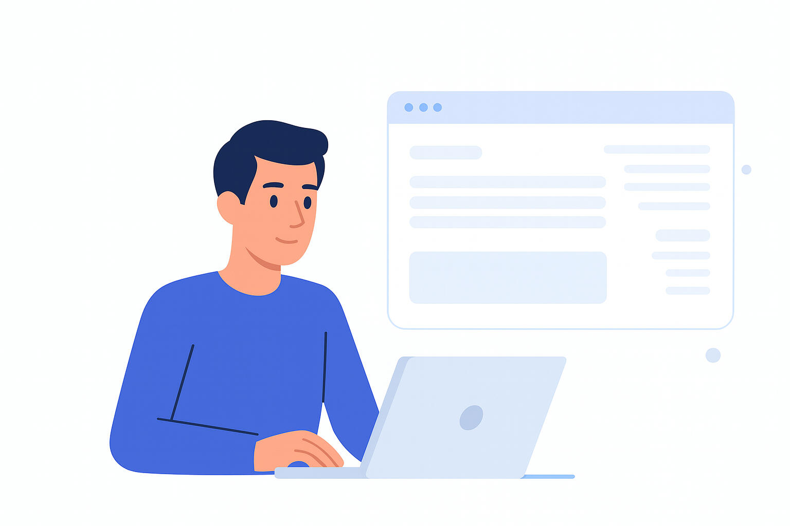 Man at laptop with workflow screen illustration